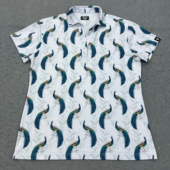 Waggle Polo Shirt Women's XL White Peacocking Bird AOP Golf Athletic Wicking Top - Picture 3 of 9